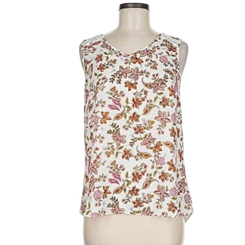 Fortune & Ivy Top Women XXL White Floral‎ Top Tank  V Neck Sleevless Button NWOT
